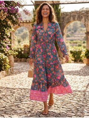 Floral Tiered Maxi Dress in Teal and Pink